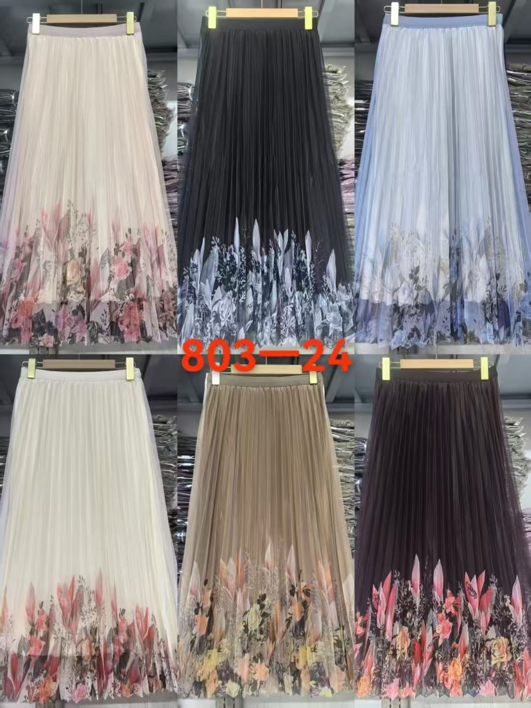 Pink Floral Hem Pleated Chiffon Maxi Skirt - Beige Korean Wholesale Supplier