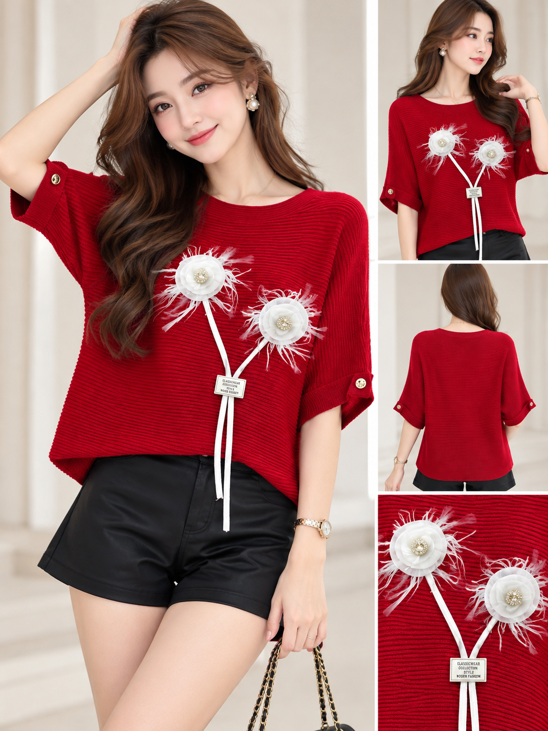 Red textured Korean wholesale top with two white feather trim floral appliques with hanging ribbons, front back detail views