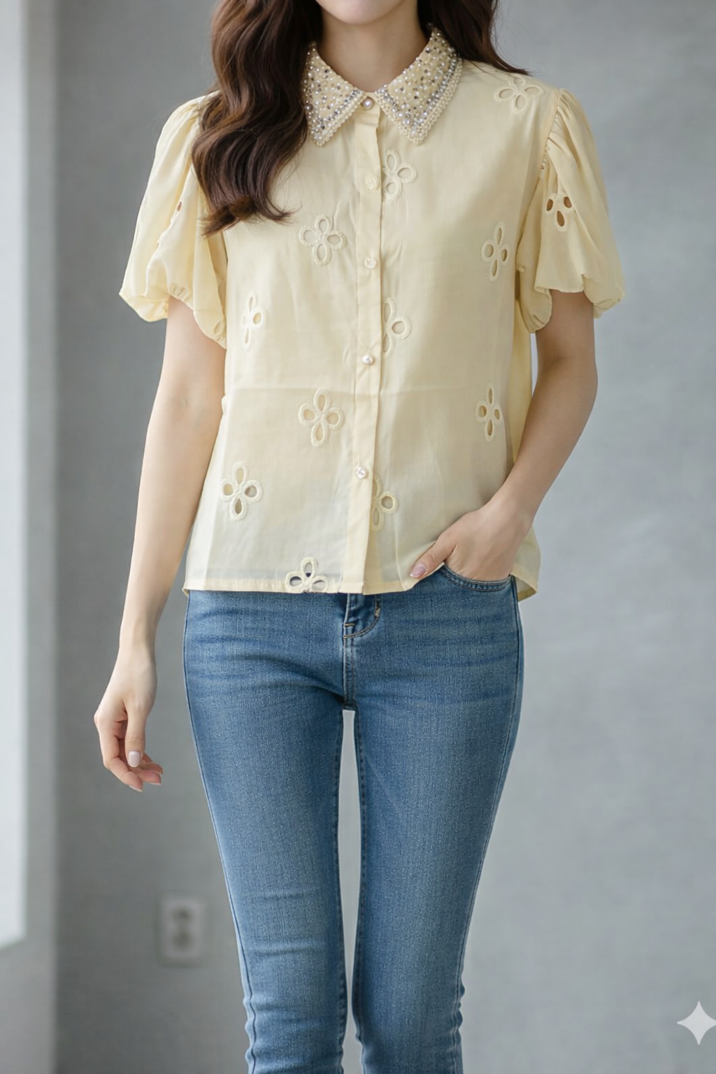 Imported Korean Embroidered Blouse for Women | Pearl Collar Puff Sleeve Top | Wholesale Western Wear Supplier India – Zadine Fashion