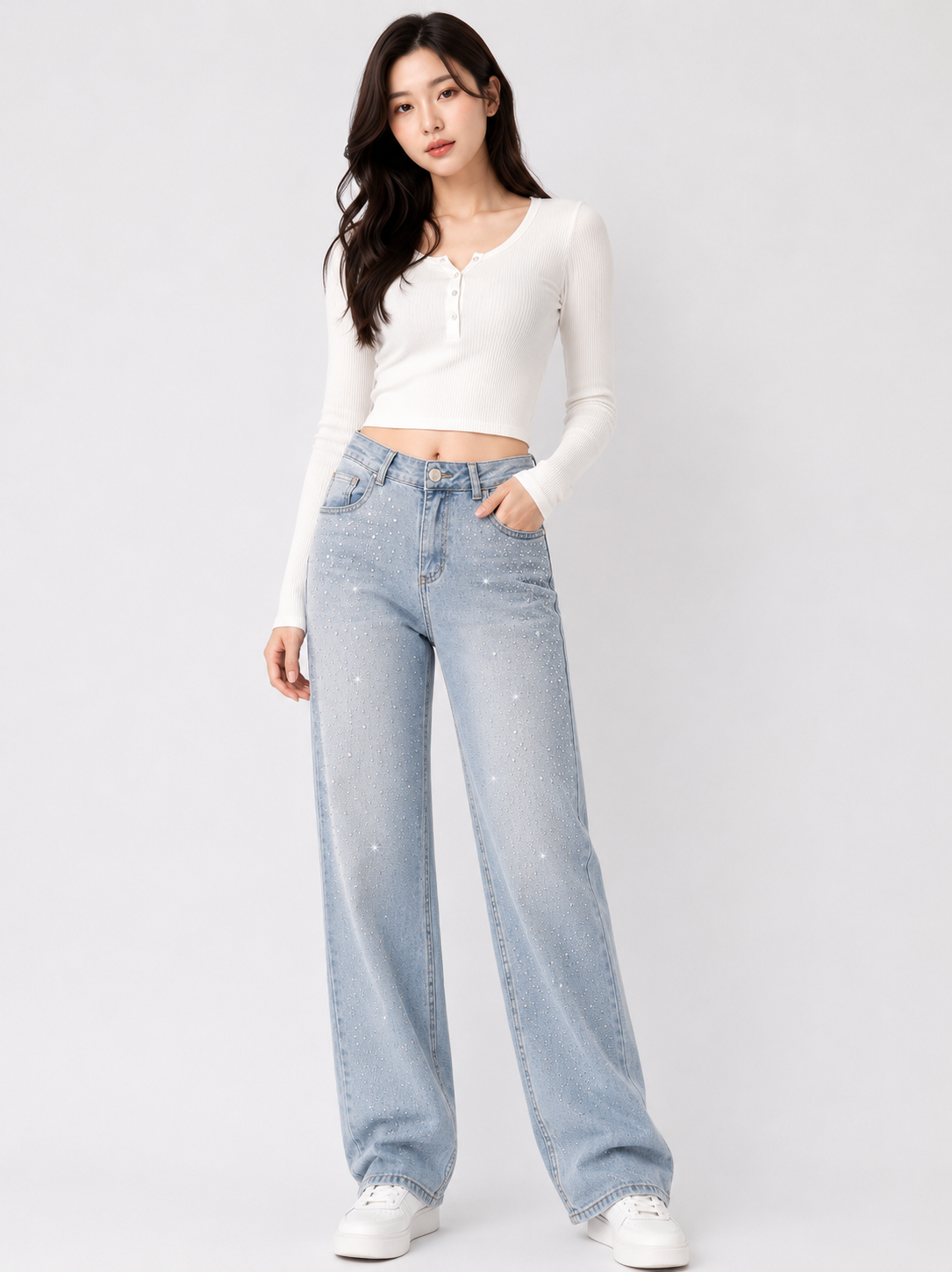 High-Waist Pearl & Rhinestone Bow Denim Jeans - Korean Wholesale Supplier India