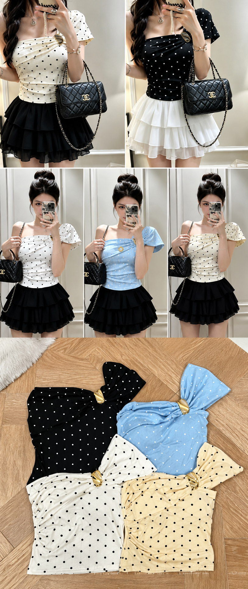 Collage of a person wearing various tops and skirts with a handbag on a wooden floor.