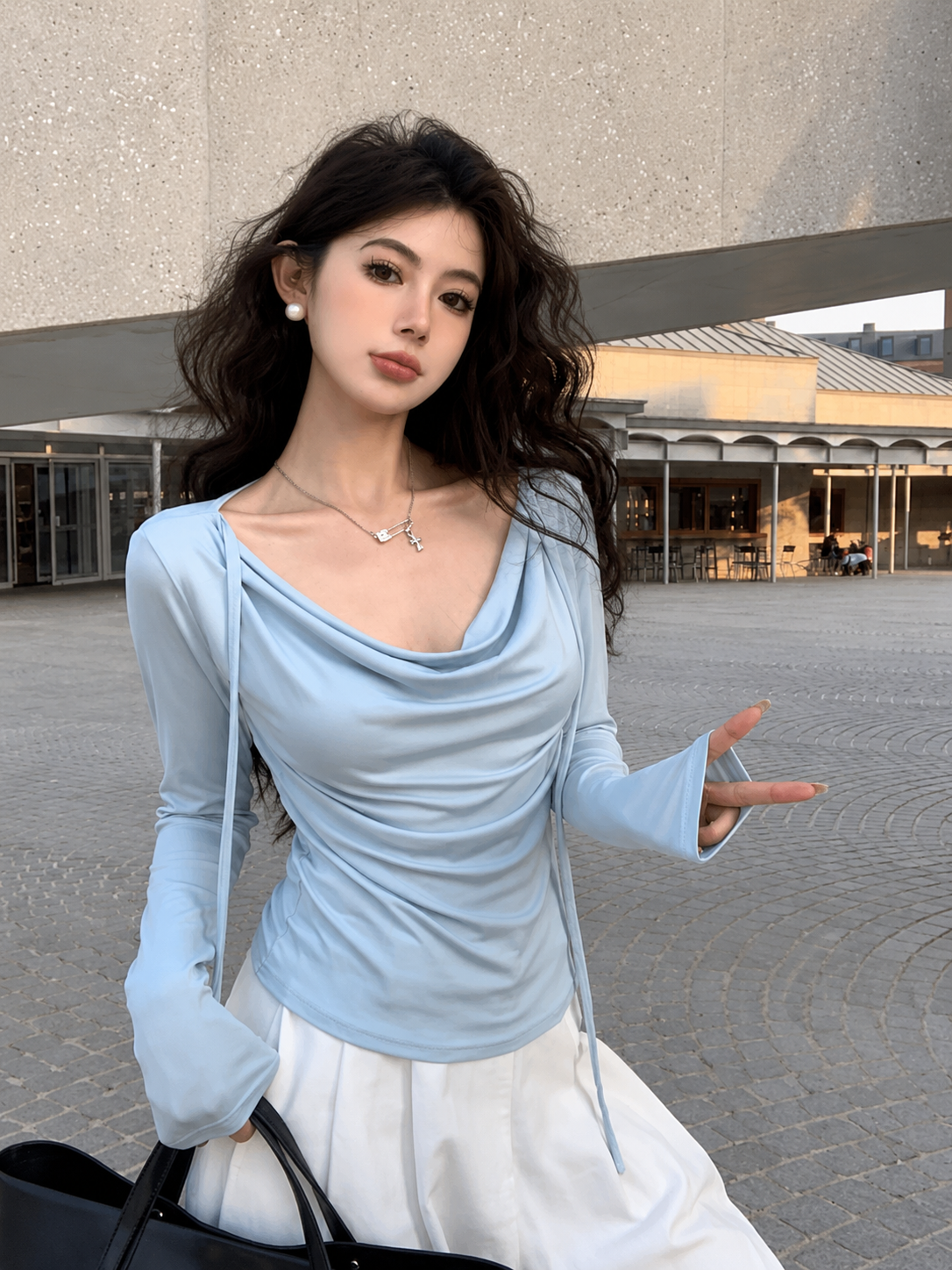Elegant Cowl Neck Long Sleeve Bralette - Luxury Korean Fashion Wholesaler