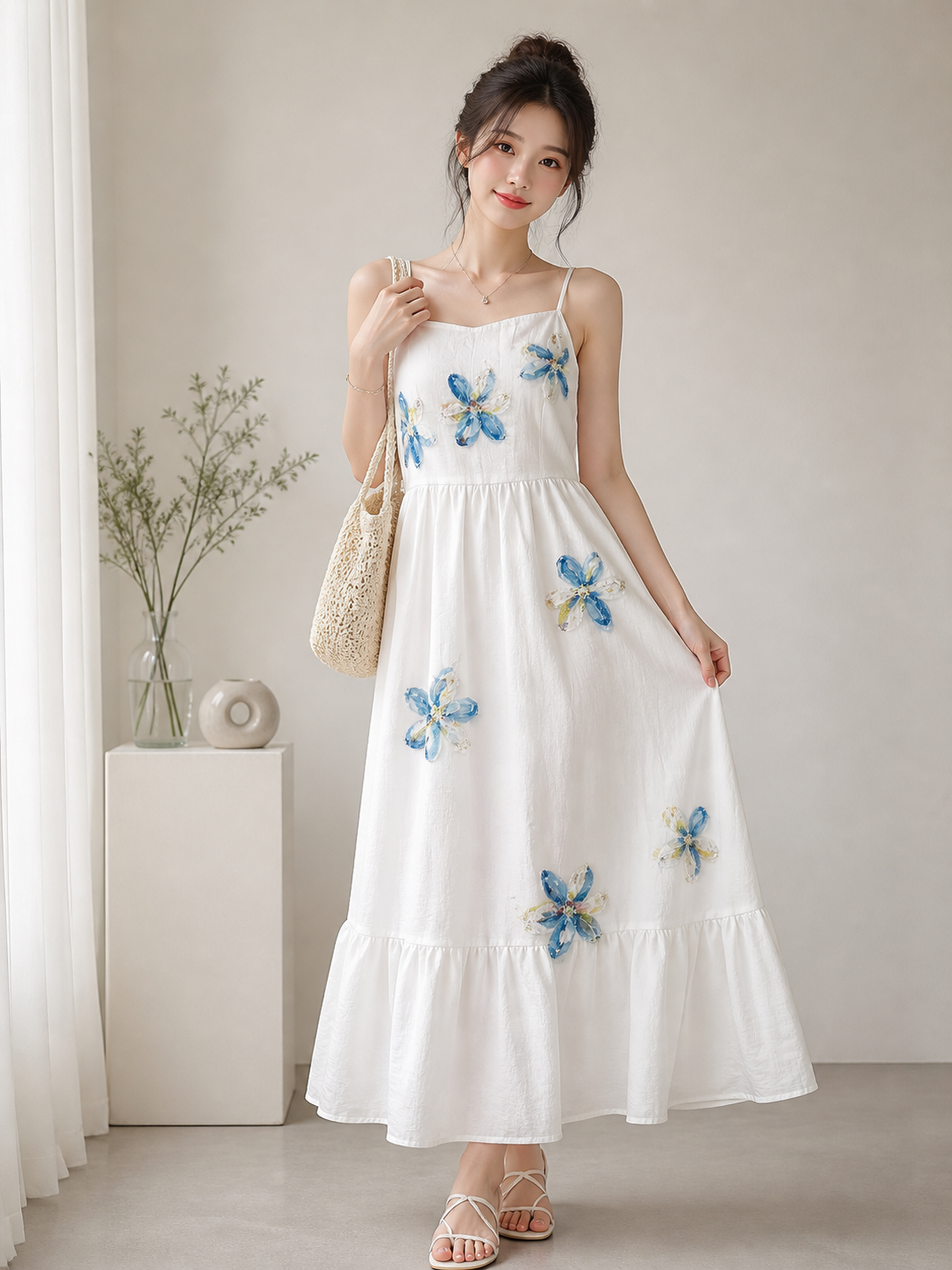 White Floral Embroidered Maxi Dress for Women | Elegant Summer Dress
