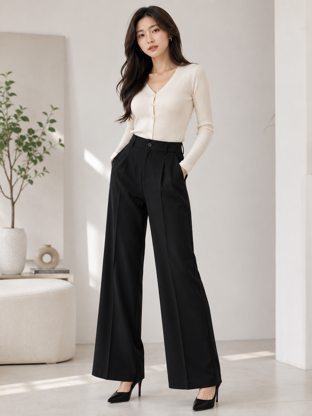 High-Waist Wide-Leg Pleated Trousers - Korean Imported Clothing in India