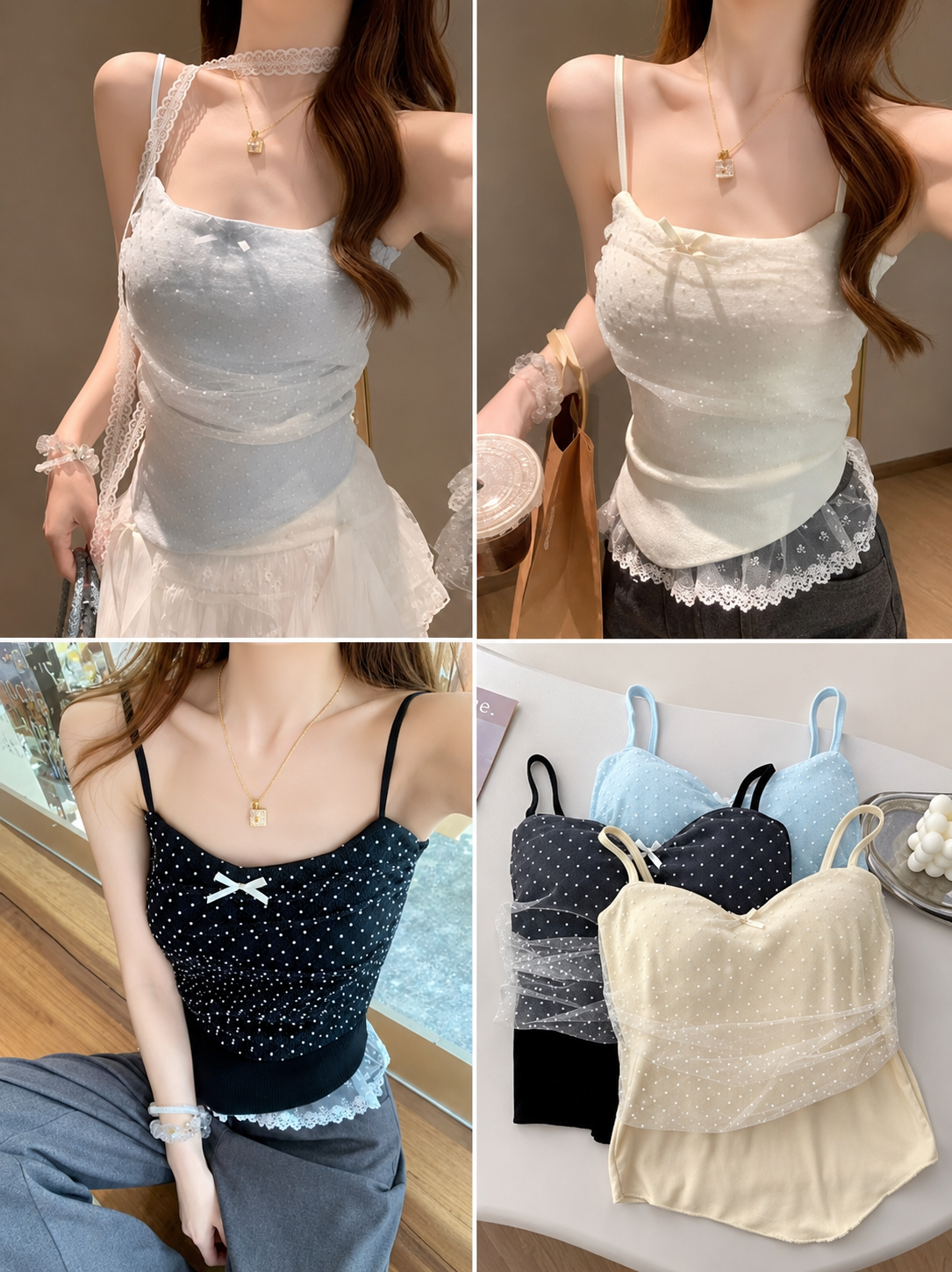 Collage of women wearing various lace-trimmed tops with different color options.