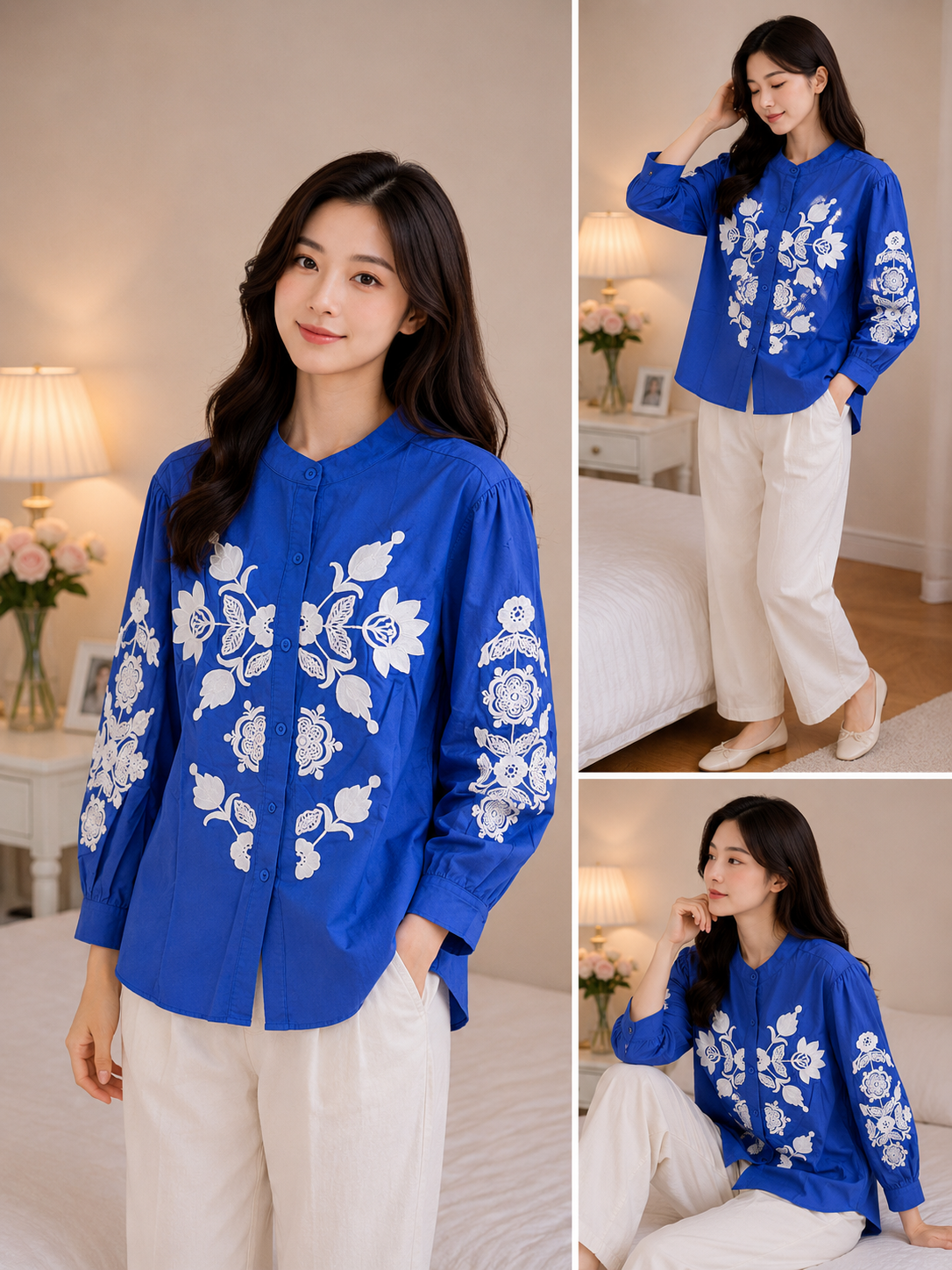 Imported Korean Floral Embroidered Blue Shirt Wholesale | Premium Korean Western Wear Supplier India