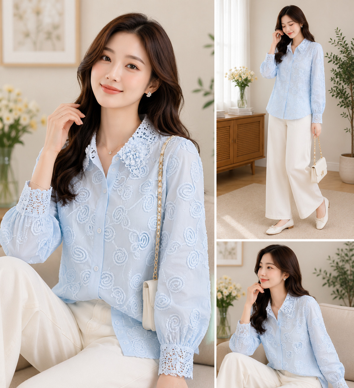 Imported Korean Lace Collar Embroidered Sky Blue Shirt Wholesale | Premium Korean Western Wear Supplier India