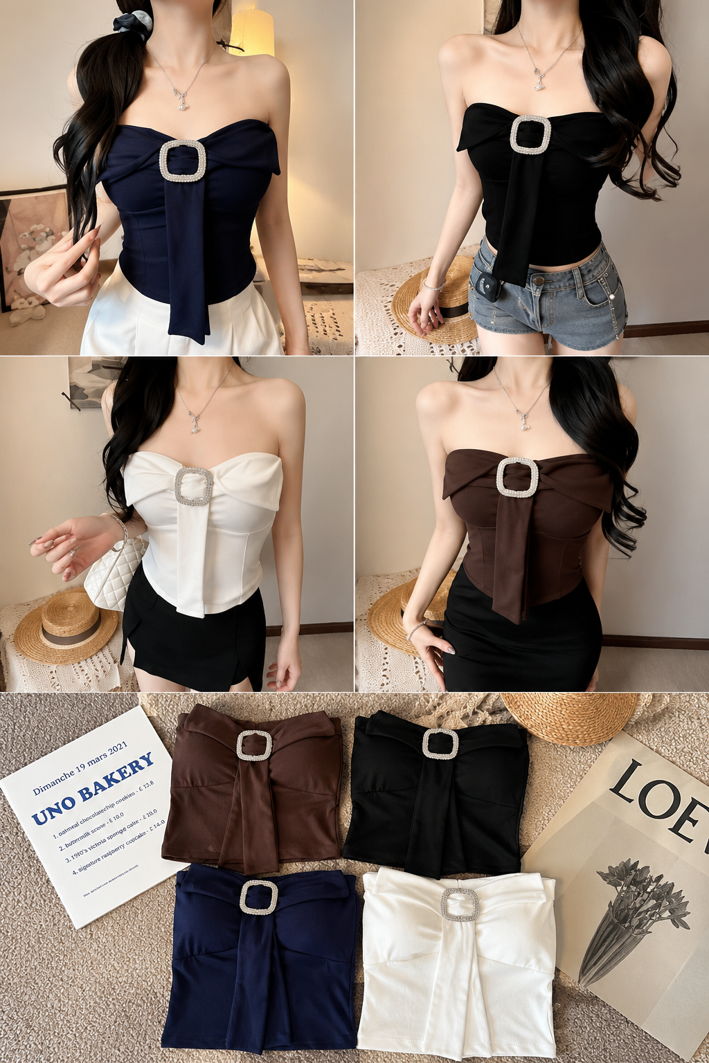 Collage of a woman wearing a strapless top with a buckle detail in various colors.