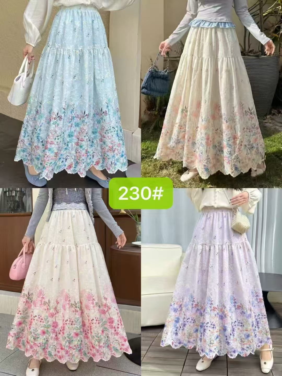 Four views of a long tiered maxi skirt with a floral print and scalloped hem, shown on a model in different indoor and outdoor settings. A green label in the center reads '230#'.