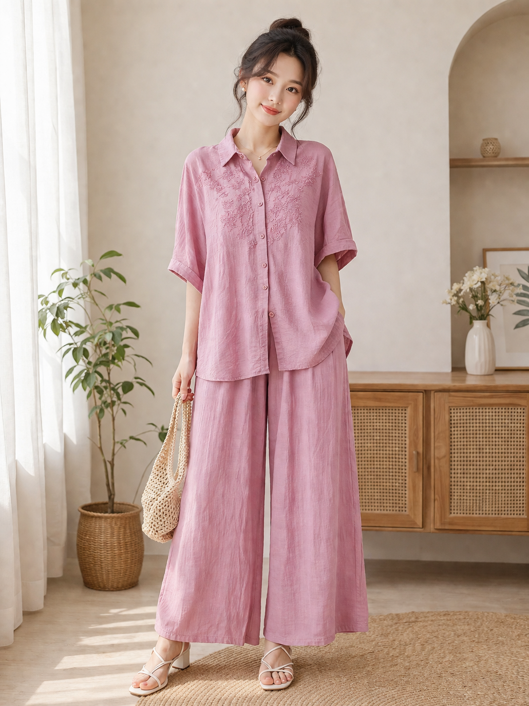 Women Pink Cotton Co-ord Set | Loose Fit Shirt & Palazzo | Wholesale Western Wear Mumbai