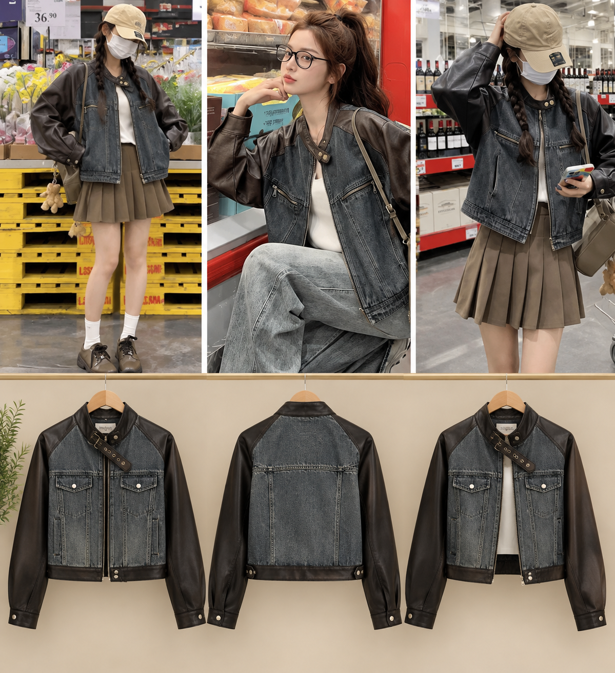 Denim Panel Faux Leather Moto Jacket wholesale Korean women's jacket