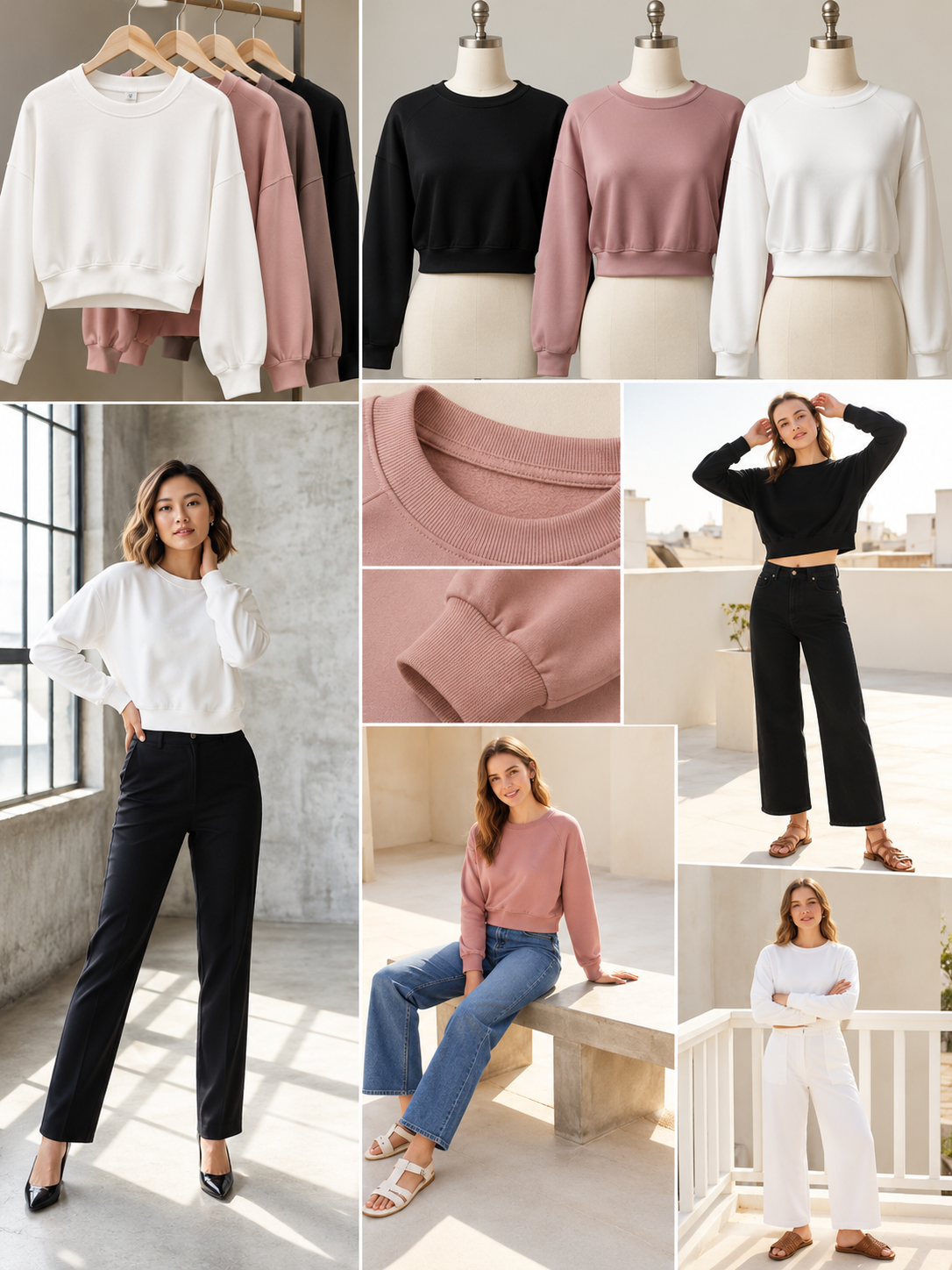 Solid Cropped Sweatshirt in white pink black, wholesale fashion product views