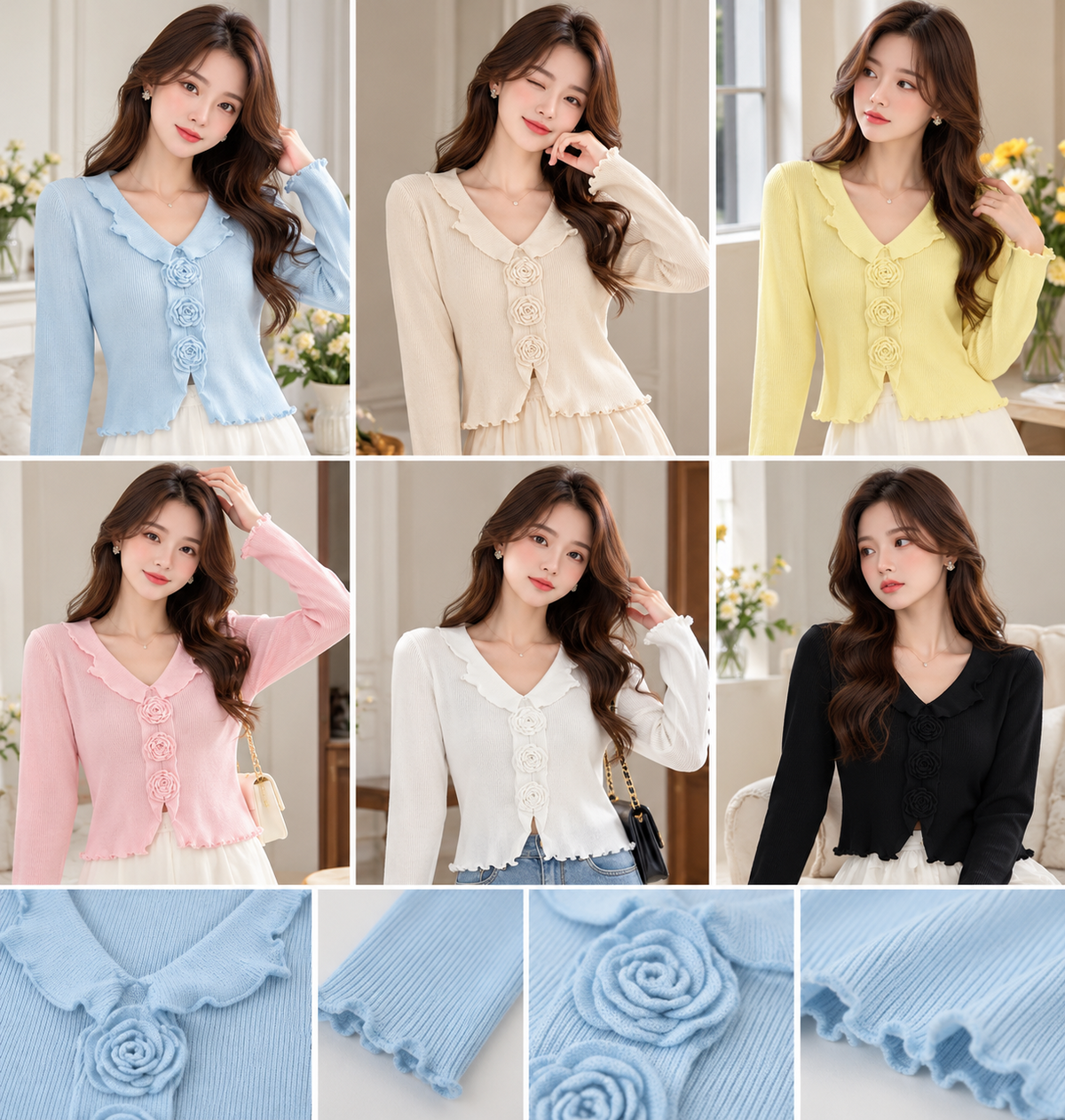 3D Rose Ribbed Cardigan Top in blue beige yellow pink white black, wholesale fashion product views