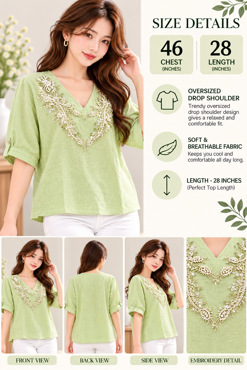 Sage green oversized V neck top with white floral embroidery, 46 inch chest and 28 inch length front model view wholesale Za