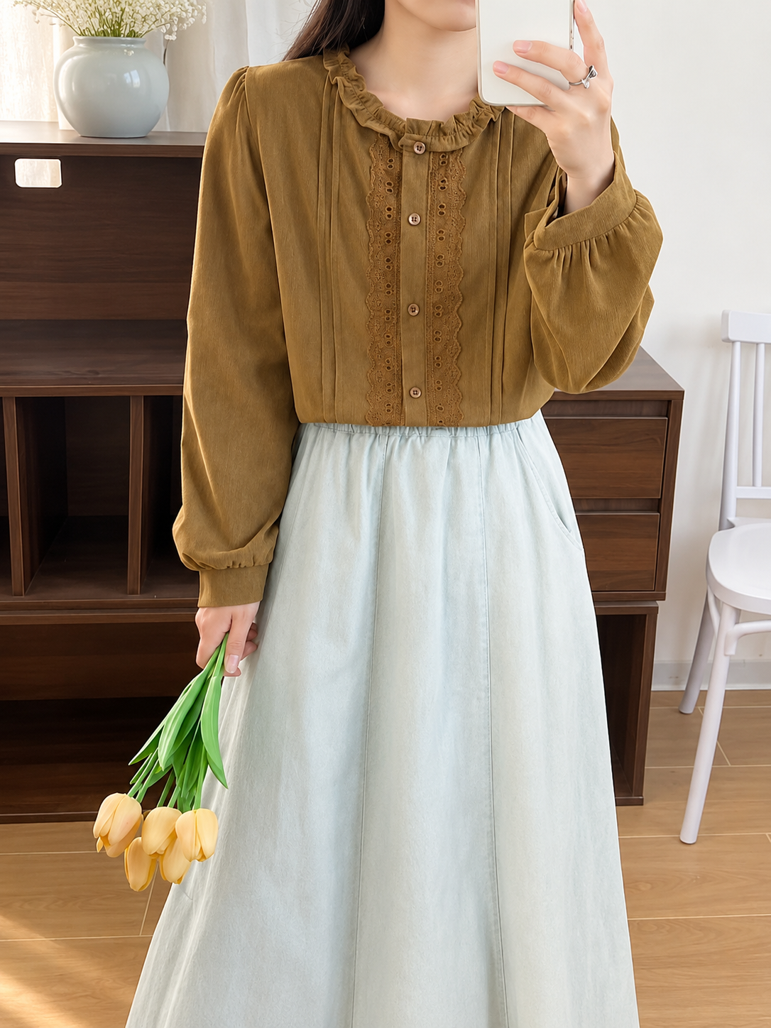 Cream Taupe Lace Collar Long Sleeve Blouse, cream, tan, taupe, front view, Korean blouse wholesale India