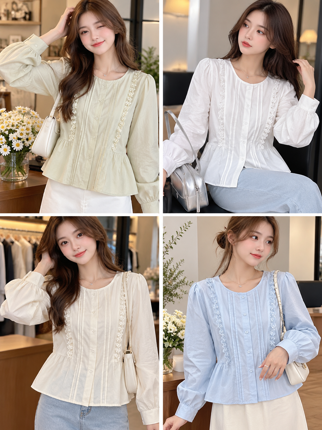 Cream White Blue Pintuck Lace Peplum Blouse, cream, white, blue, front view, Korean blouse wholesale India