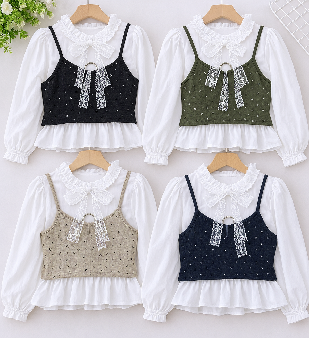 Cream Grey Navy Bow Gingham Ruffle Peplum Blouse Korean wholesale front and colour views