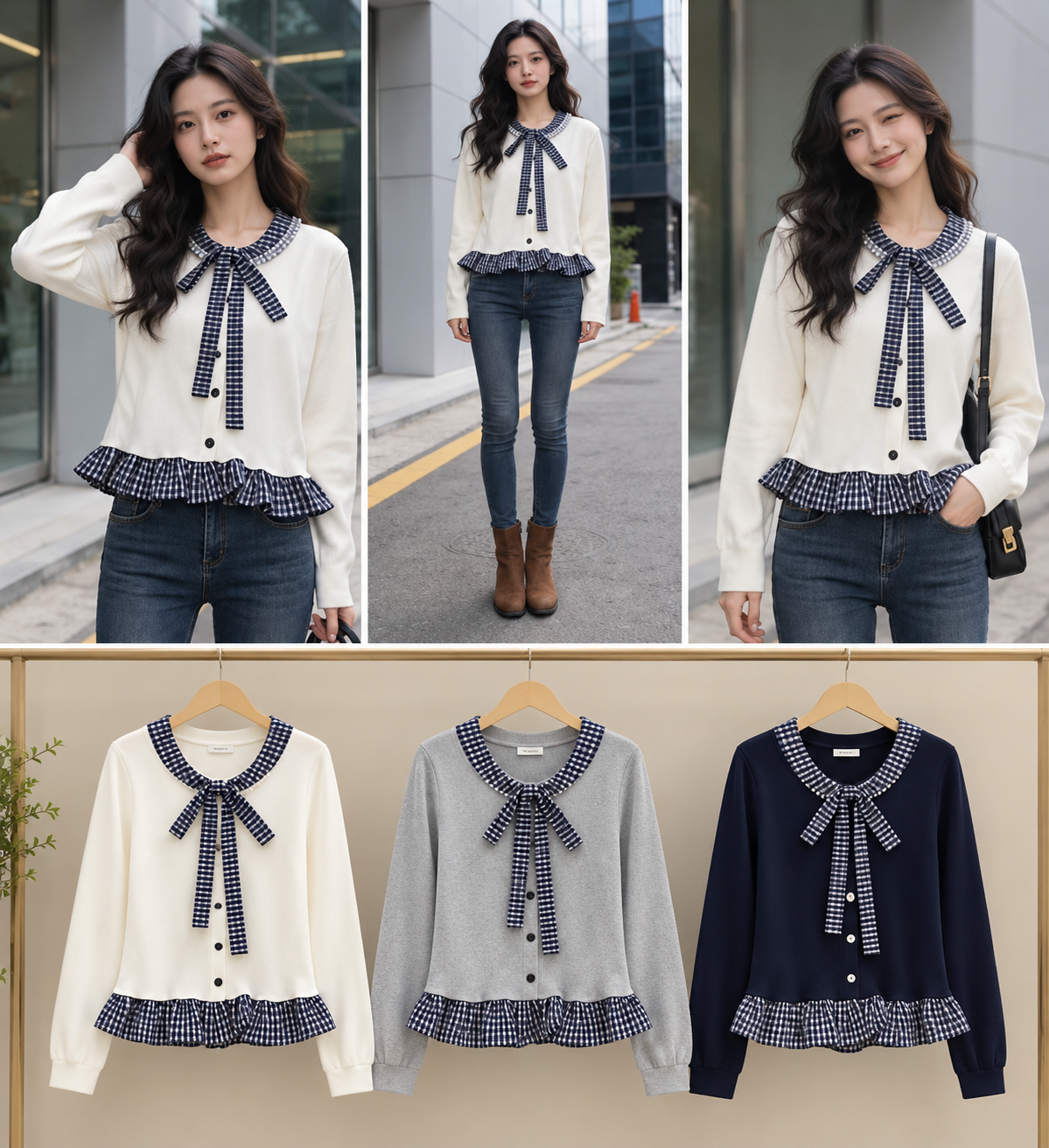 Cream Grey Navy Gingham Bow Ruffle Hem Blouse Korean wholesale front and colour views