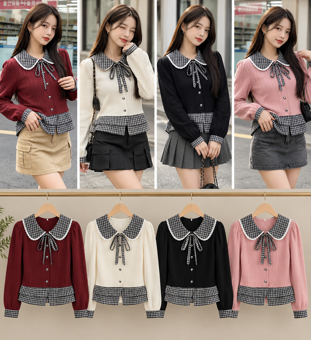 Burgundy Cream Black Pink Checked Collar Bow Peplum Blouse Korean wholesale front and colour views
