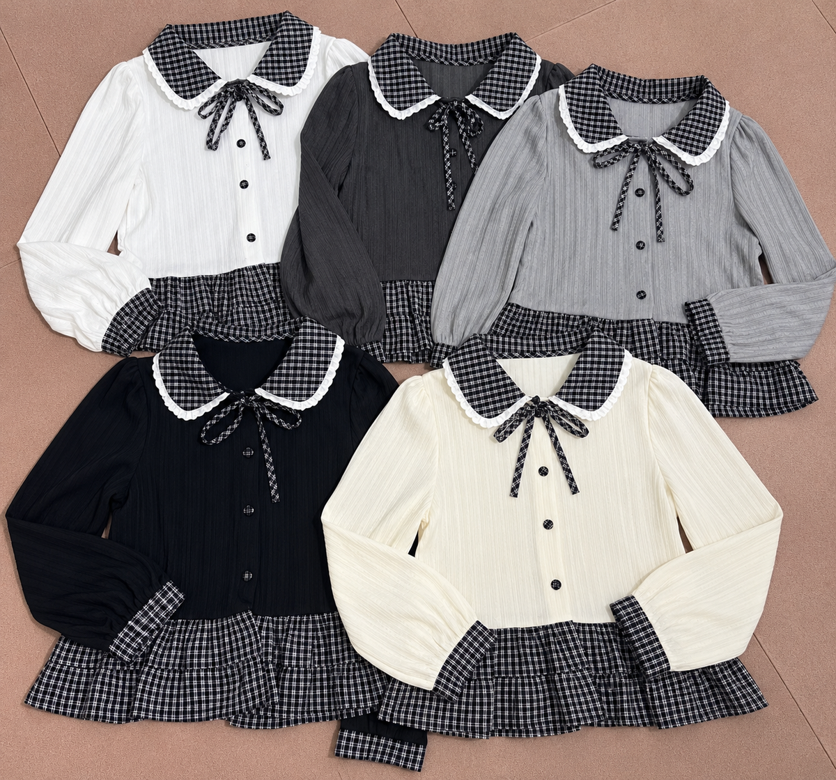 Brown Check Ruffle Layered Vest Blouse Korean wholesale front and colour views