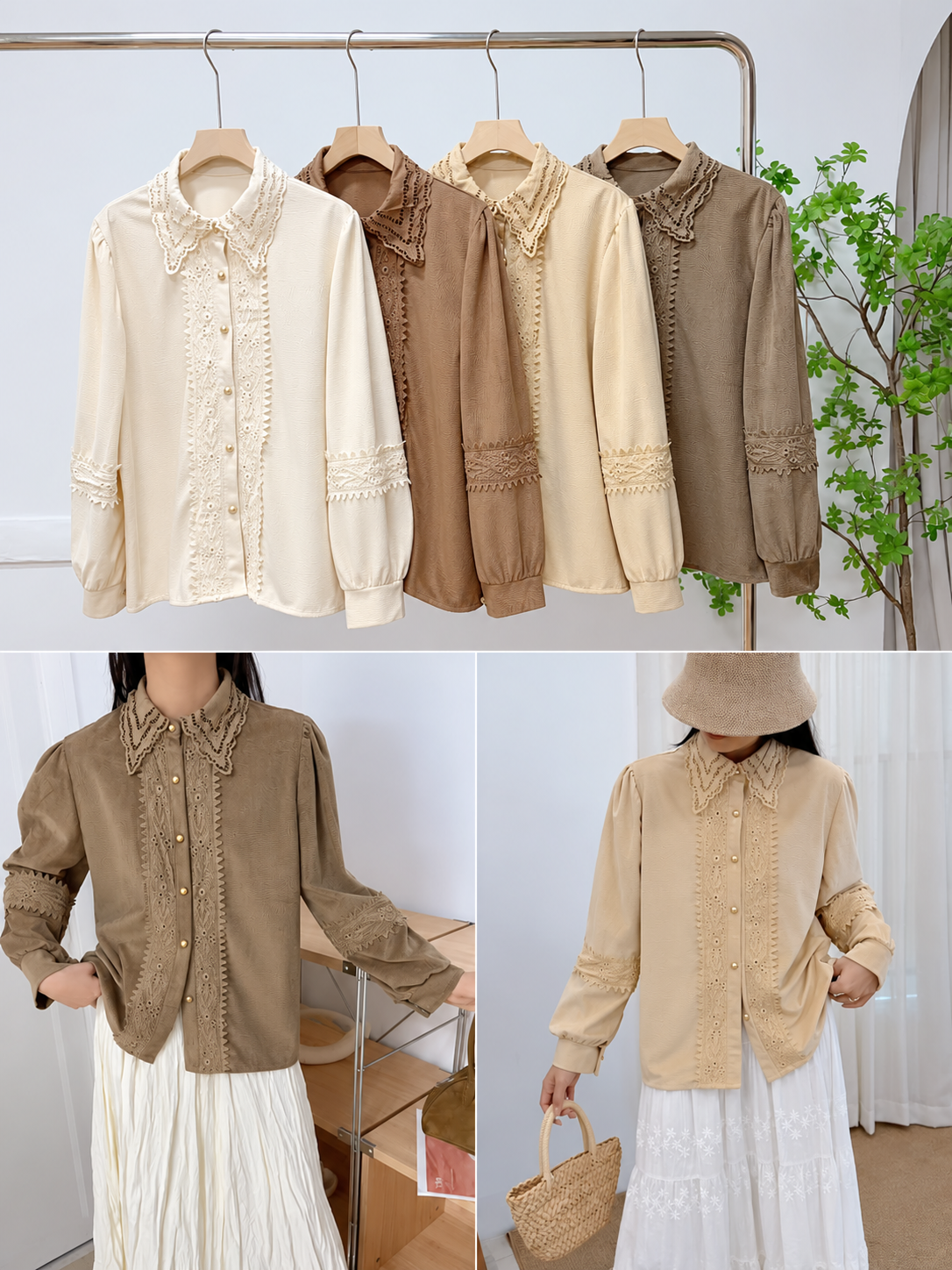 Camel Peter Pan Collar Lace Peplum Blouse, camel brown, front view, Korean blouse wholesale India