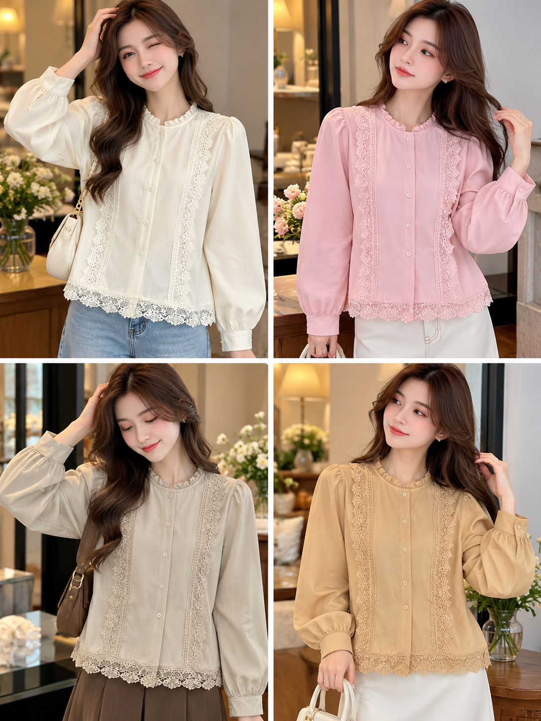Cream Pink Beige Lace Panel Button Blouse, cream, pink, beige, front view, Korean blouse wholesale India