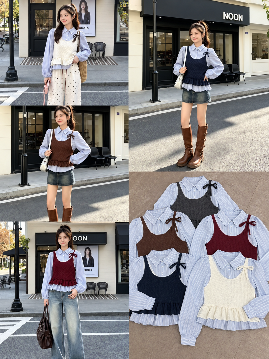 Cream Navy Brown Burgundy Layered Ruffle Camisole Blouse Korean wholesale front and colour views