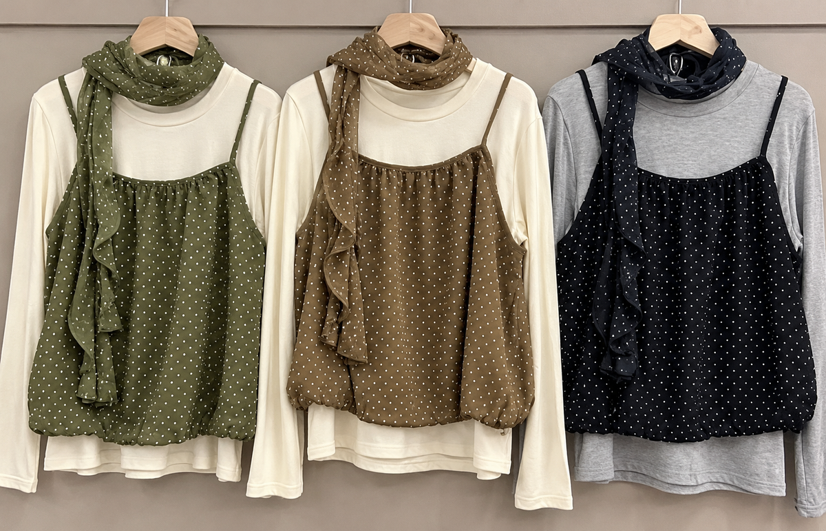 Olive Brown Black Polka Dot Scarf Layered Top Korean wholesale front and colour views