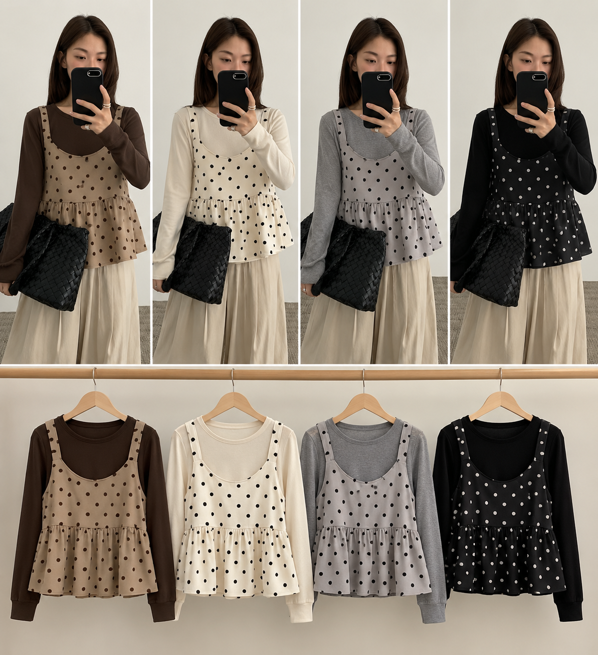 Brown Cream Grey Black Polka Dot Layered Peplum Top Korean wholesale front and colour views