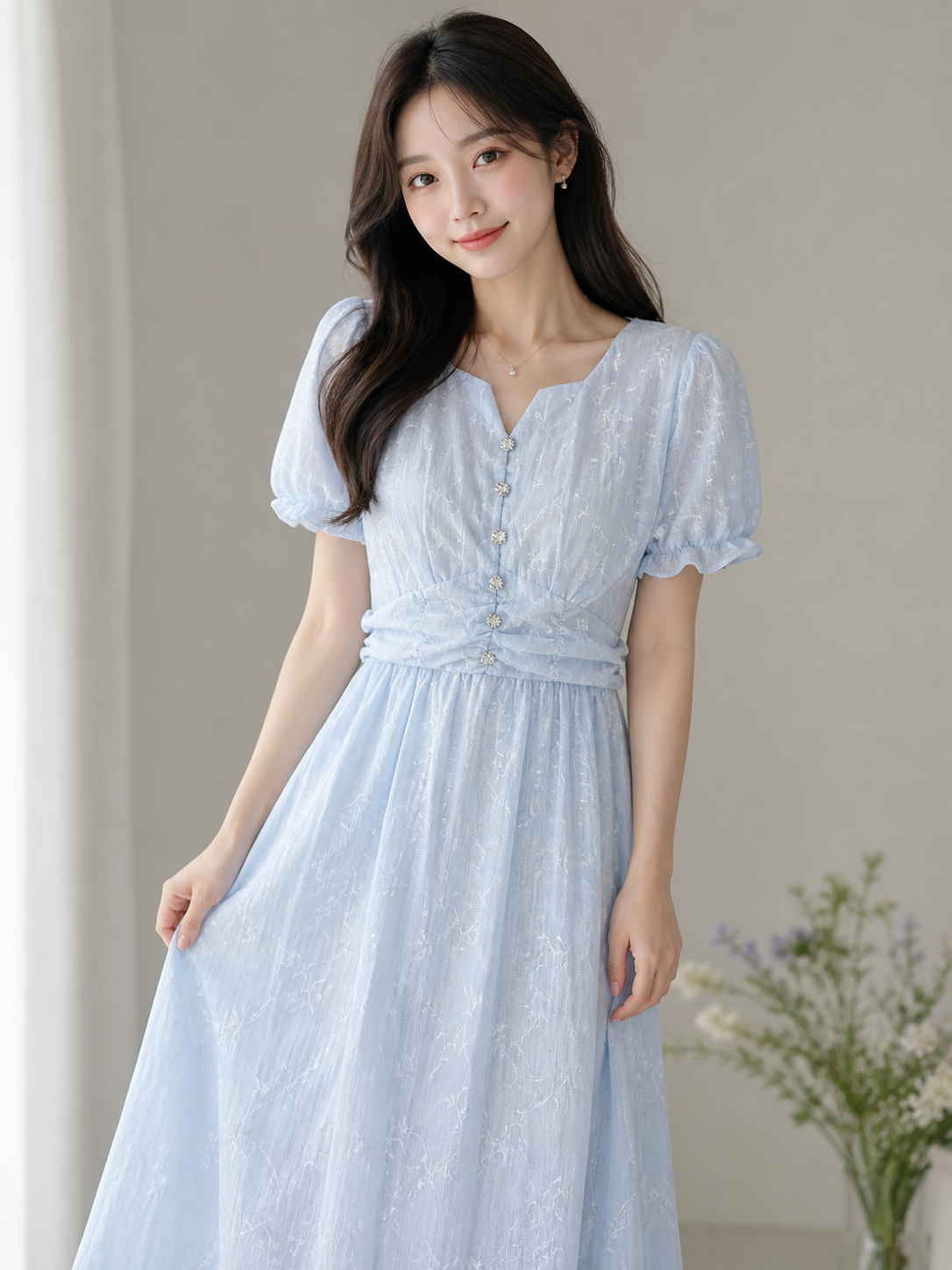 Light Blue Puff Sleeve Midi Dress for Women | Elegant Summer Dress | W Trendista Light Blue Puff Sleeve Midi Dress for Women | Elegant Summer Dress | W Trendista