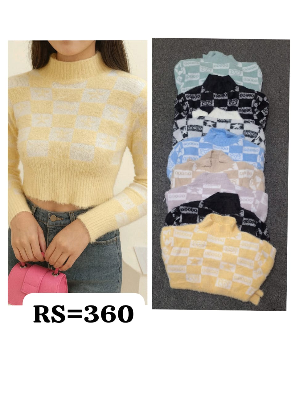 Tiny crown-pattern fuzzy mock-neck—cute pastel sweater with snug winter warmth.