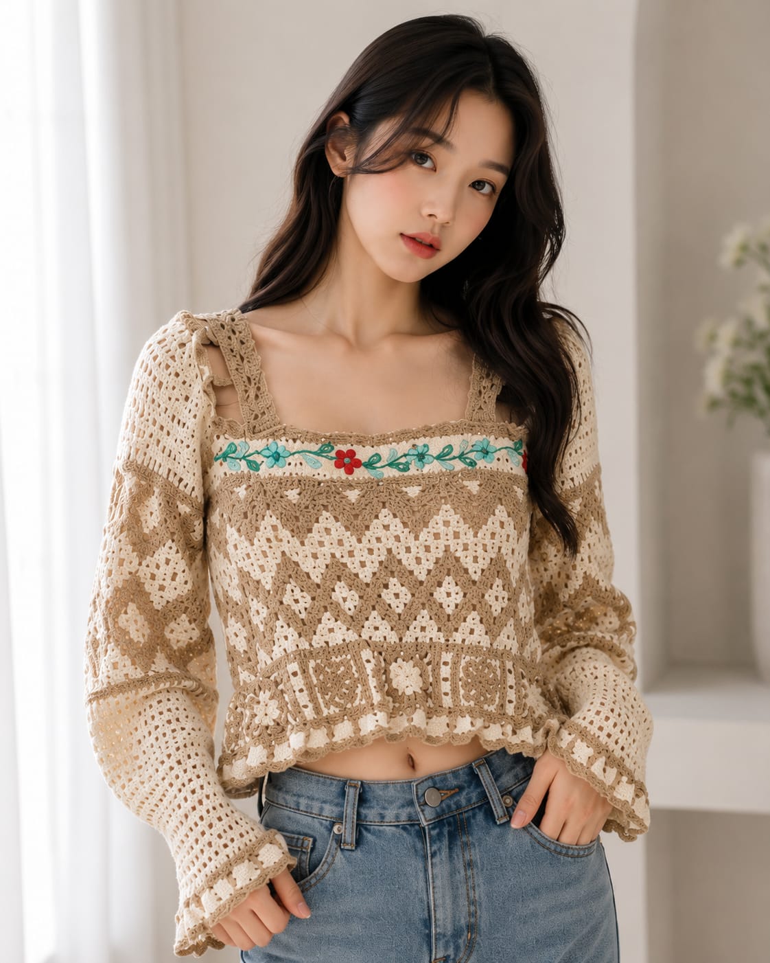 Trendy Floral Crochet Granny Square Short-Sleeve Top - B2B Western Wear Wholesaler