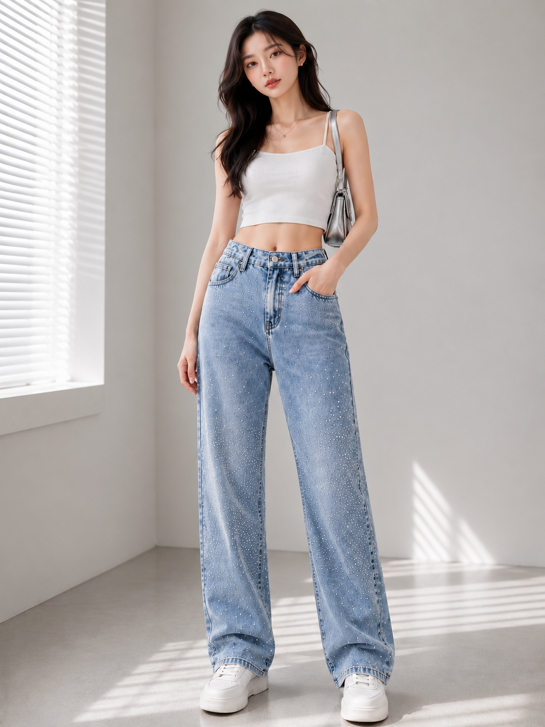 A woman modeling a white crop top and light blue wide-leg jeans with white sneakers, standing in a bright room with window blinds casting soft shadows.