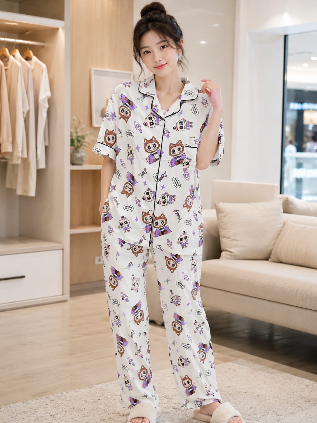 Satin Notch-Lapel Printed Night Suit Set - Korean Wholesale Supplier India