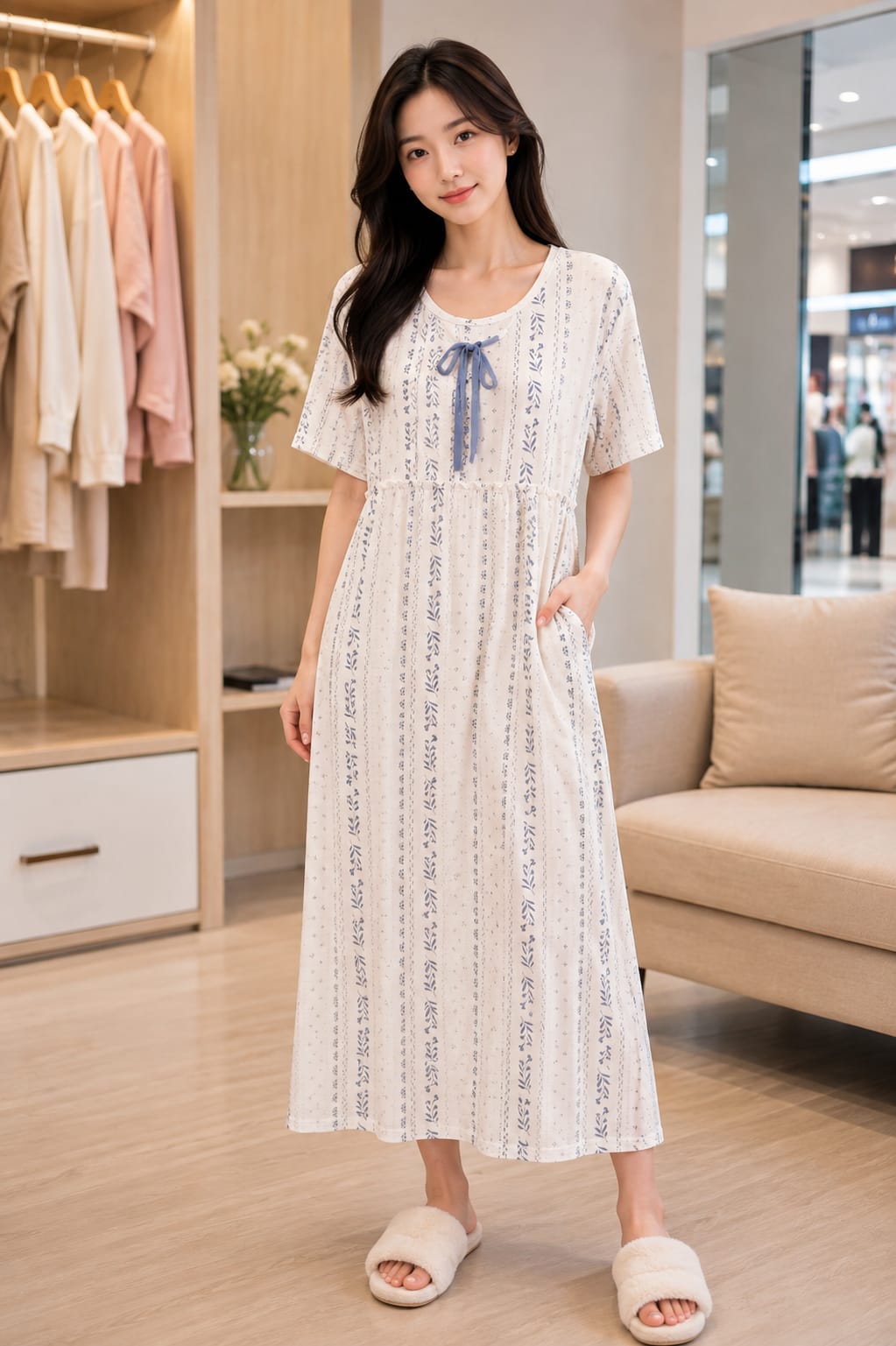 Printed Cream Cotton One-Piece Nighty - Korean Wholesale Supplier India