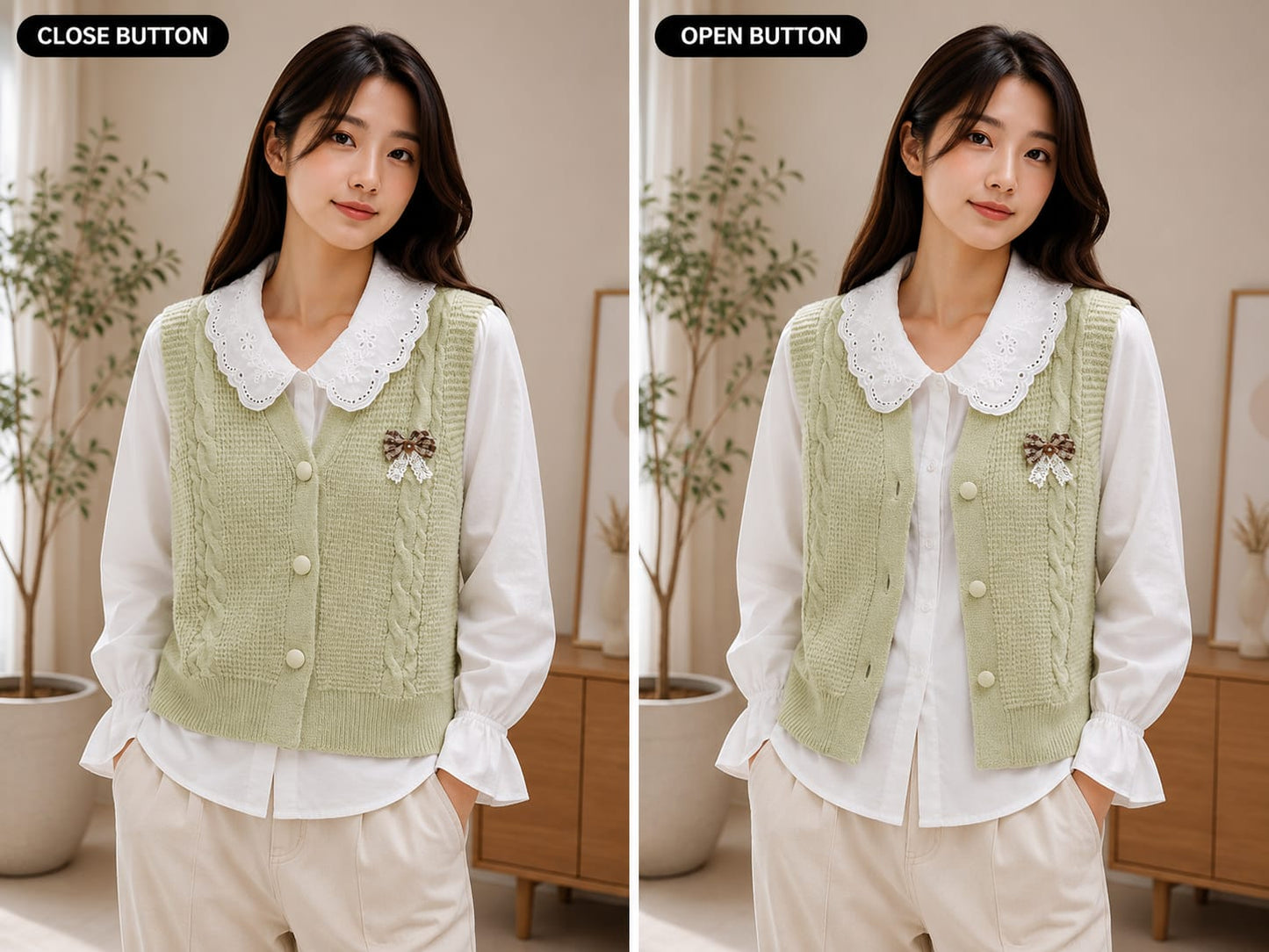 Trendy Cable-Knit Buttoned Sweater Vest with Layered Shirt Set - B2B Western Wear Wholesaler