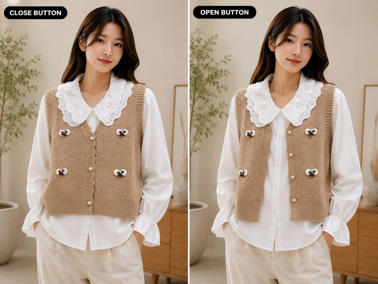 Elegant Cable-Knit Buttoned Sweater Vest with Layered Shirt Set - Luxury Korean Fashion Wholesaler