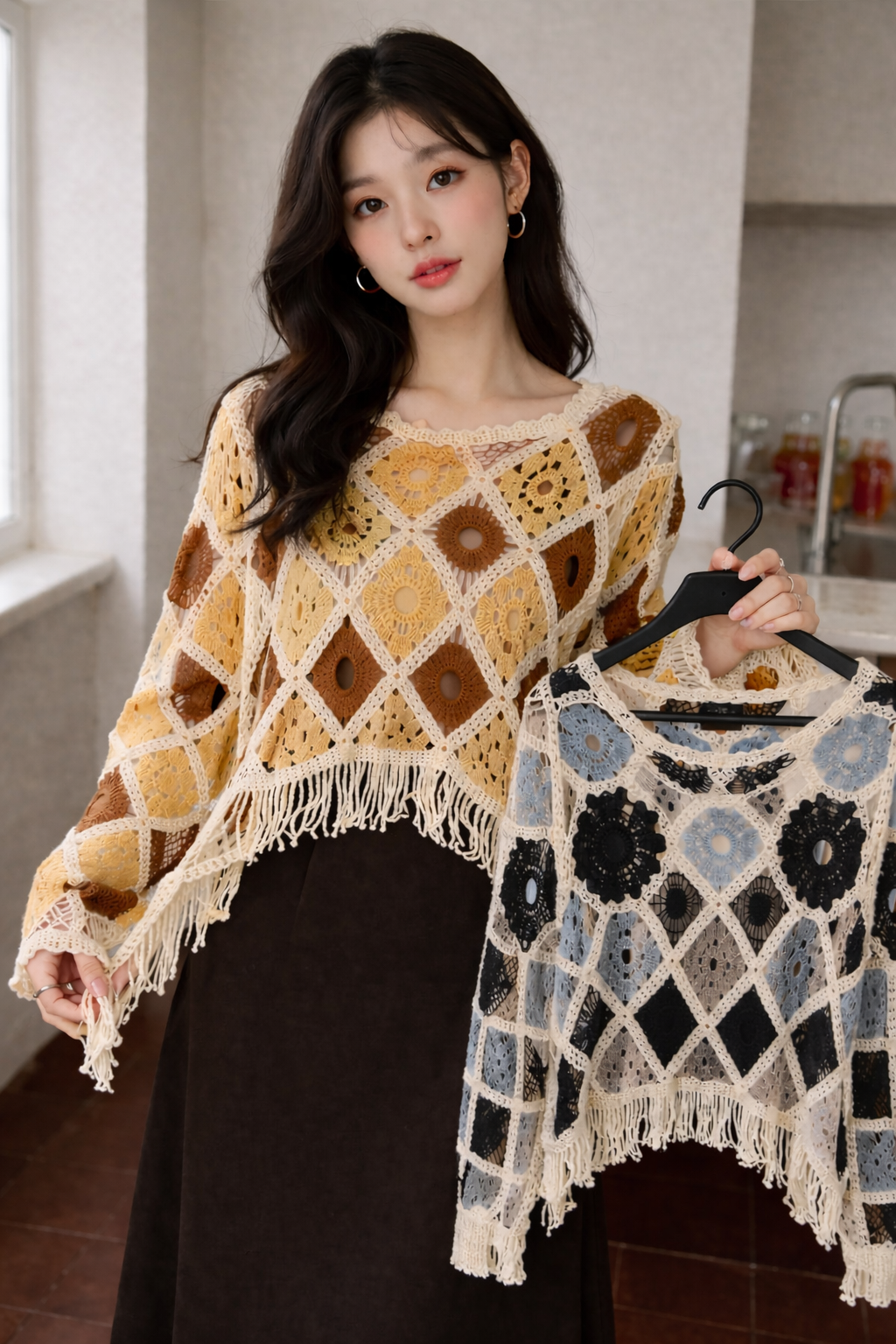 Korean Crochet Crop Sweater for Women Wholesale | Granny Square Knit Boho Top | Trendy Ladies Winter Western Wear India