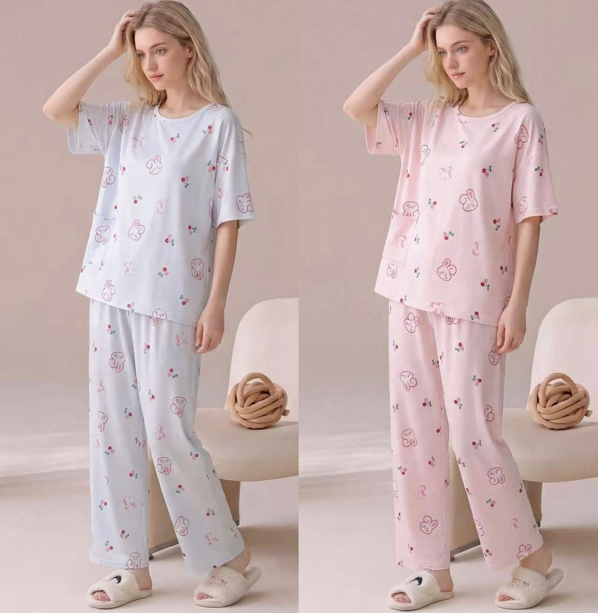 Blue pink bunny and cherry printed women's night suit