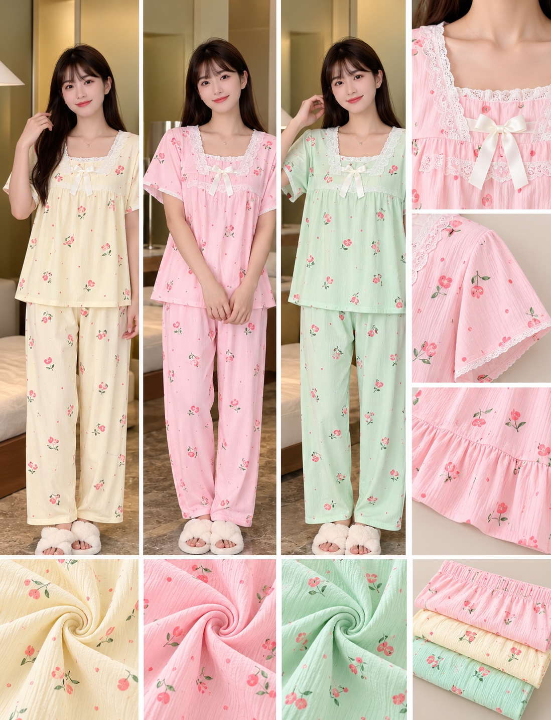 Cream pink mint rose floral lace bow pajama nightwear set wholesale