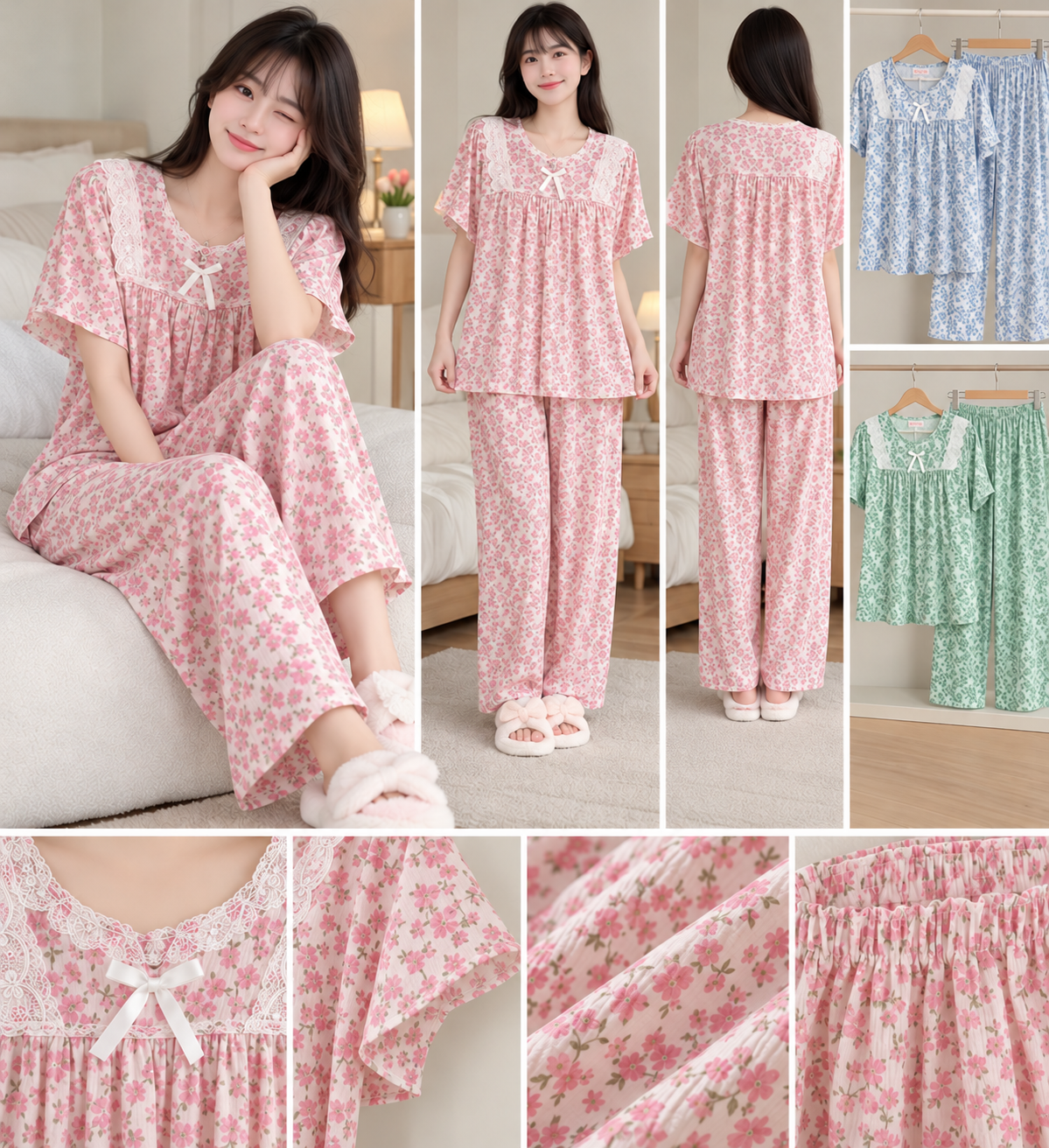 Pink blue green floral lace neck nightwear co ord set Korean wholesale