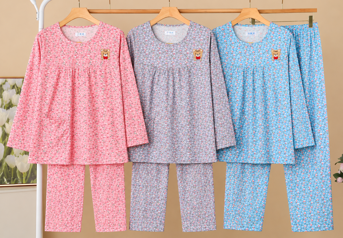 Pink grey and blue floral print teddy patch long sleeve women's nightwear pajama sets