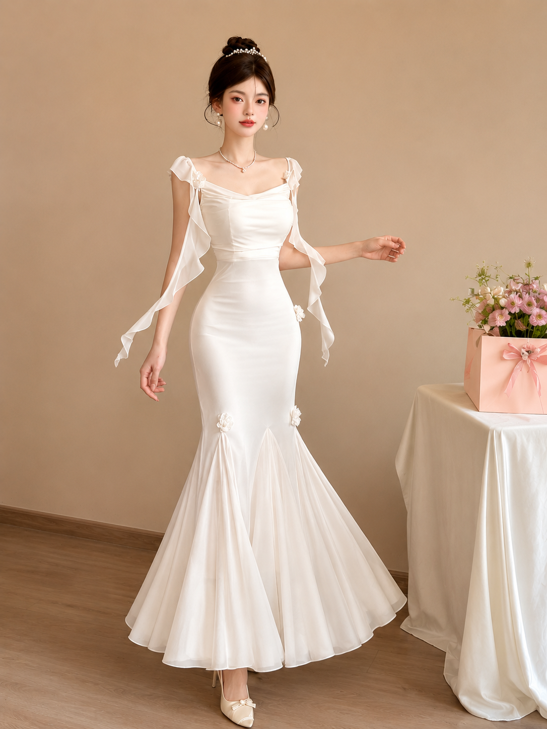 Luxury White Mermaid Gown for Women | Korean Elegant Evening Dress | Premium Party Wear Maxi Dress