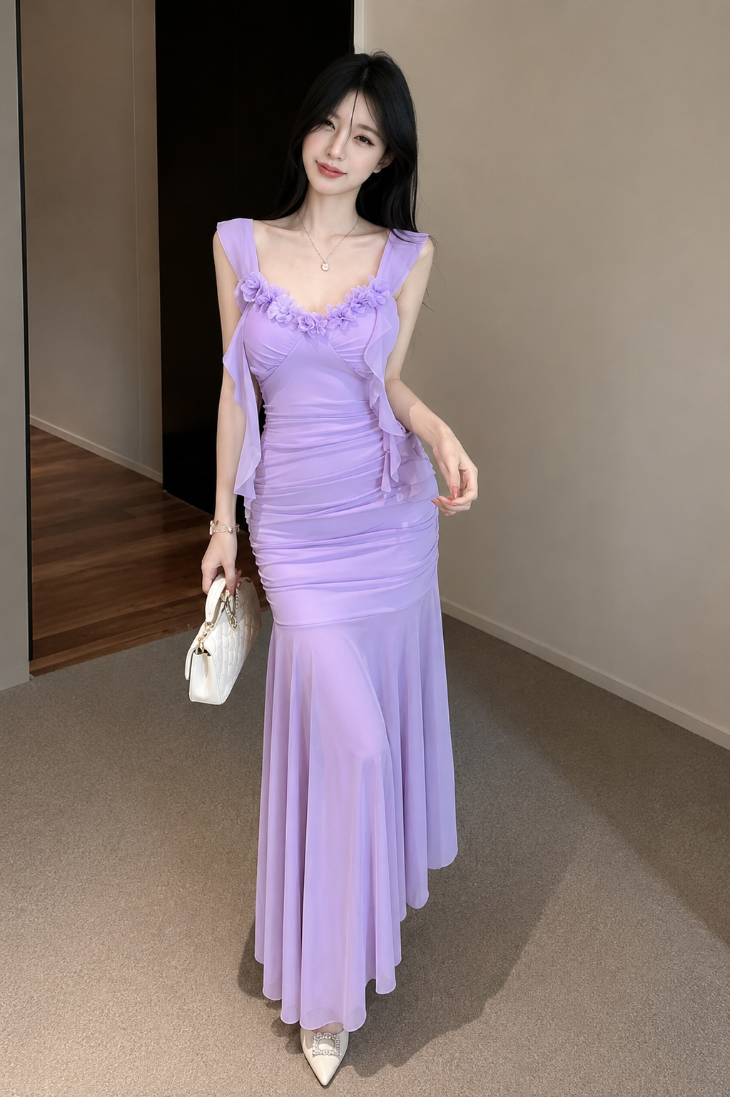 Lavender Mermaid Party Dress for Women | Korean Ruched Maxi Gown | Ele Trendista Lavender Mermaid Party Dress for Women | Korean Ruched Maxi Gown | Ele Trendista