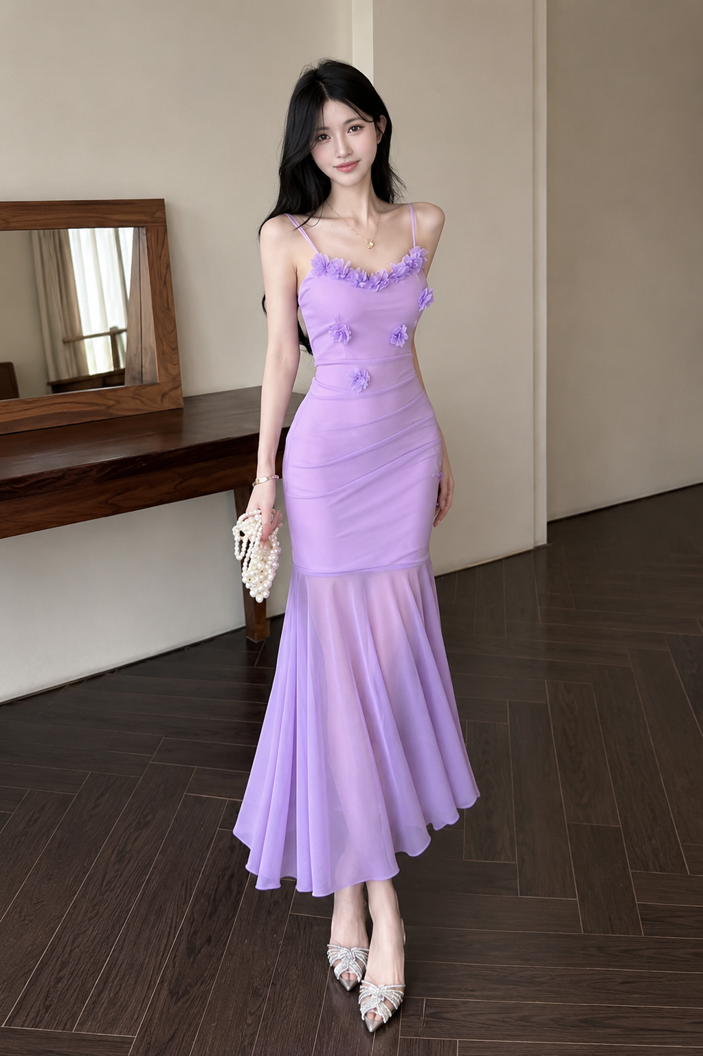 Lavender Mermaid Bodycon Dress for Women | Floral Party Maxi Dress | Wholesale Western Wear Mumbai