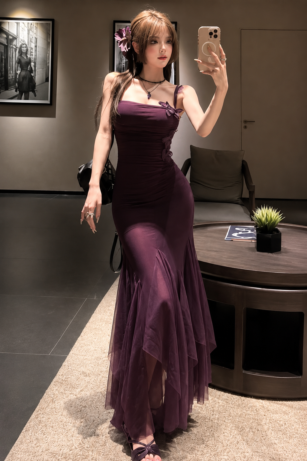 Luxury Plum Mermaid Dress for Women | Korean Bodycon Evening Gown | Party Wear Maxi Dress