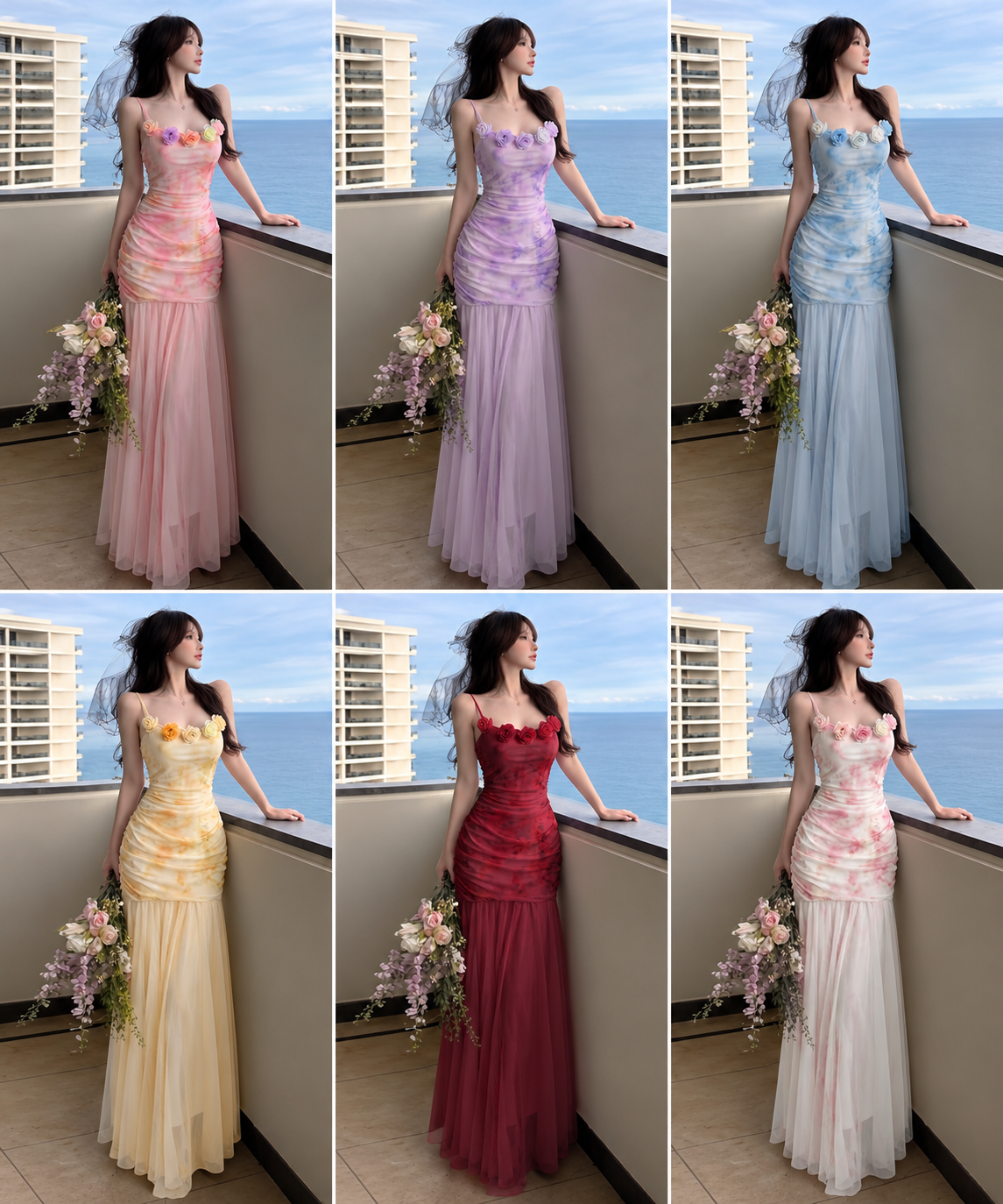 Six-colour floral rose trim ruched spaghetti strap drop-waist maxi gown wholesale