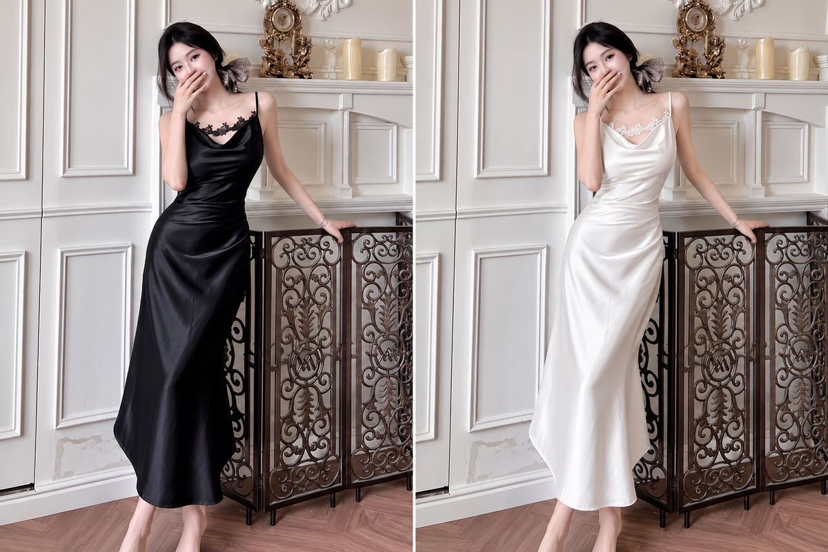 Black and ivory satin-look cowl neck lace trim spaghetti strap midi gowns wholesale front view