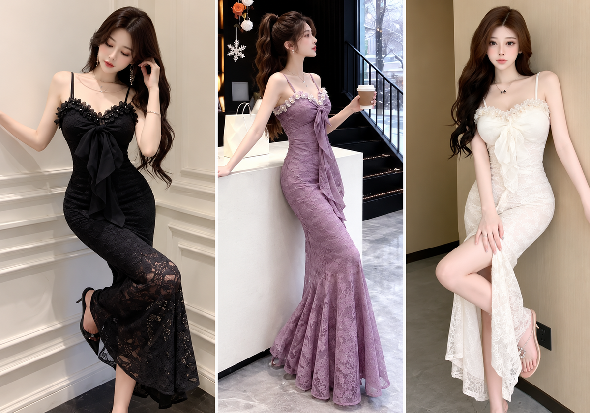 Black mauve ivory floral lace spaghetti strap bow front fitted maxi gown wholesale front and side views