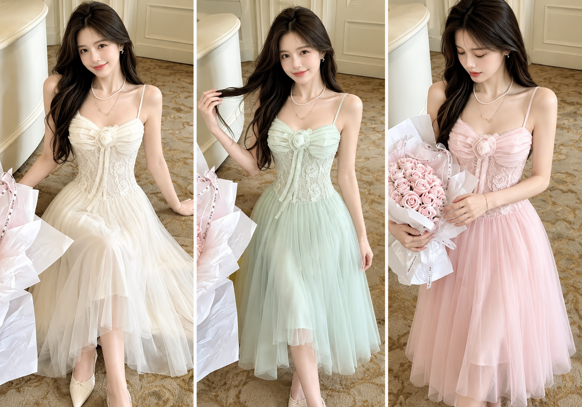 Ivory mint green blush pink floral rosette lace bodice layered tulle midi gown wholesale front view